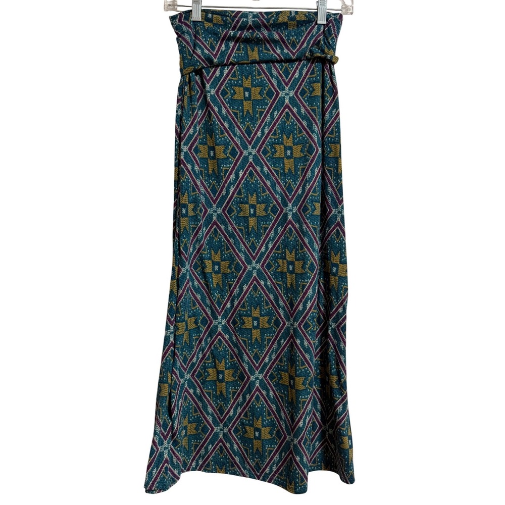 Lily White Womens Teal Geometric Diamond Print Fold Over Waist Maxi Skirt M